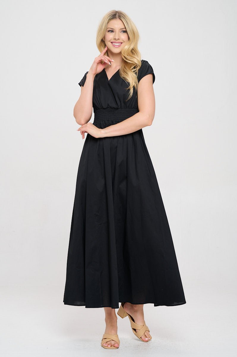 Cotton Solid V neck Maxi Dress with Smock Waist - The Savvy ShopperThe Savvy ShopperReneecollectionDressesCotton Solid V neck Maxi Dress with Smock Waist