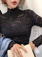 Lace Mock Neck Slim Top, Sexy Long Sleeve Top For Spring & Fall, Women's Clothing - The Savvy ShopperThe Savvy ShopperThe Savvy ShopperLace Mock Neck Slim Top, Sexy Long Sleeve Top For Spring & Fall, Women's Clothing