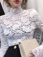 Lace Mock Neck Slim Top, Sexy Long Sleeve Top For Spring & Fall, Women's Clothing - The Savvy ShopperThe Savvy ShopperThe Savvy ShopperLace Mock Neck Slim Top, Sexy Long Sleeve Top For Spring & Fall, Women's Clothing