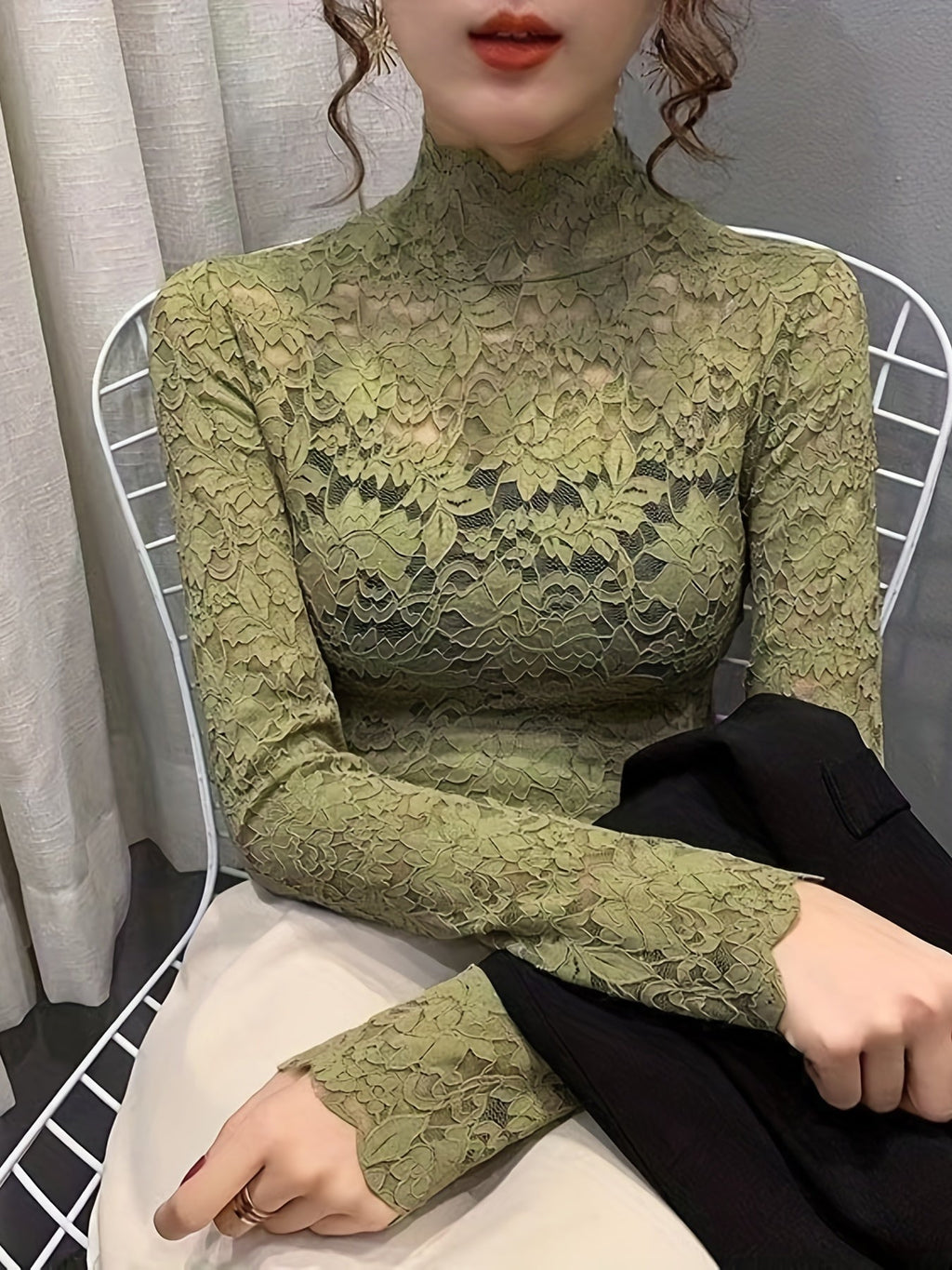 Lace Mock Neck Slim Top, Sexy Long Sleeve Top For Spring & Fall, Women's Clothing - The Savvy ShopperThe Savvy ShopperThe Savvy ShopperLace Mock Neck Slim Top, Sexy Long Sleeve Top For Spring & Fall, Women's Clothing