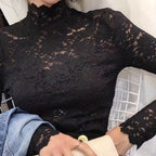 Lace Mock Neck Slim Top, Sexy Long Sleeve Top For Spring & Fall, Women's Clothing - The Savvy ShopperThe Savvy ShopperThe Savvy ShopperLace Mock Neck Slim Top, Sexy Long Sleeve Top For Spring & Fall, Women's Clothing