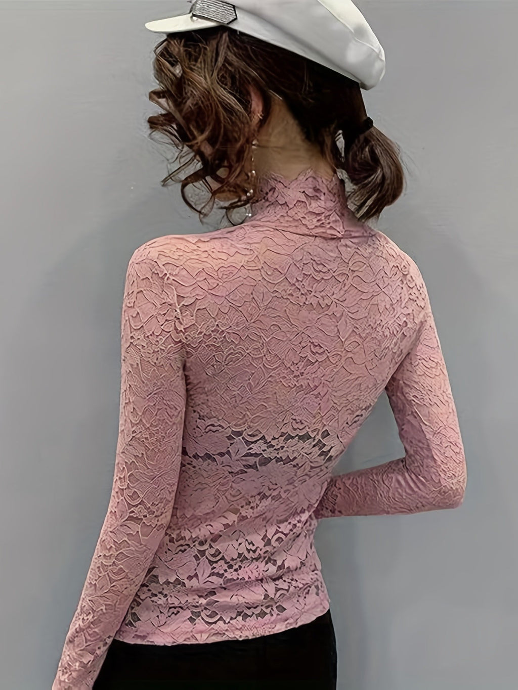 Lace Mock Neck Slim Top, Sexy Long Sleeve Top For Spring & Fall, Women's Clothing - The Savvy ShopperThe Savvy ShopperThe Savvy ShopperLace Mock Neck Slim Top, Sexy Long Sleeve Top For Spring & Fall, Women's Clothing