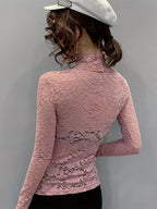 Lace Mock Neck Slim Top, Sexy Long Sleeve Top For Spring & Fall, Women's Clothing - The Savvy ShopperThe Savvy ShopperThe Savvy ShopperLace Mock Neck Slim Top, Sexy Long Sleeve Top For Spring & Fall, Women's Clothing