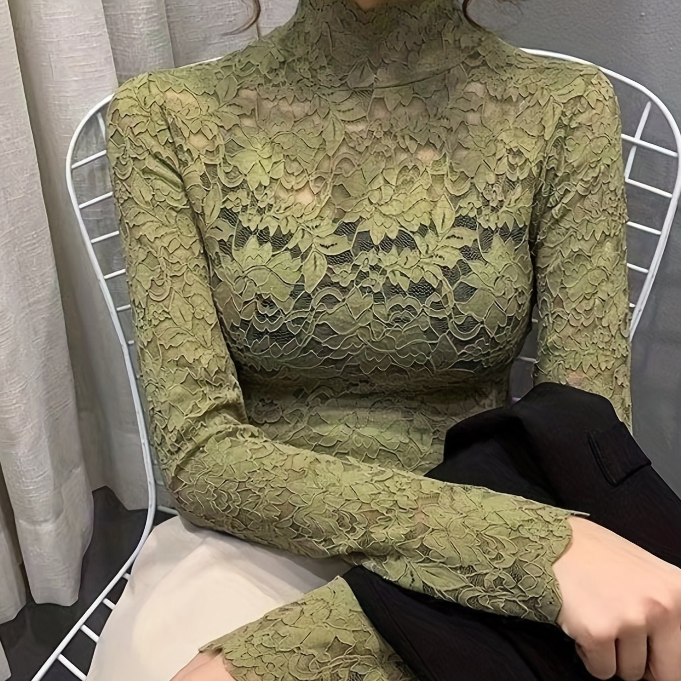 Lace Mock Neck Slim Top, Sexy Long Sleeve Top For Spring & Fall, Women's Clothing - The Savvy ShopperThe Savvy ShopperThe Savvy ShopperLace Mock Neck Slim Top, Sexy Long Sleeve Top For Spring & Fall, Women's Clothing