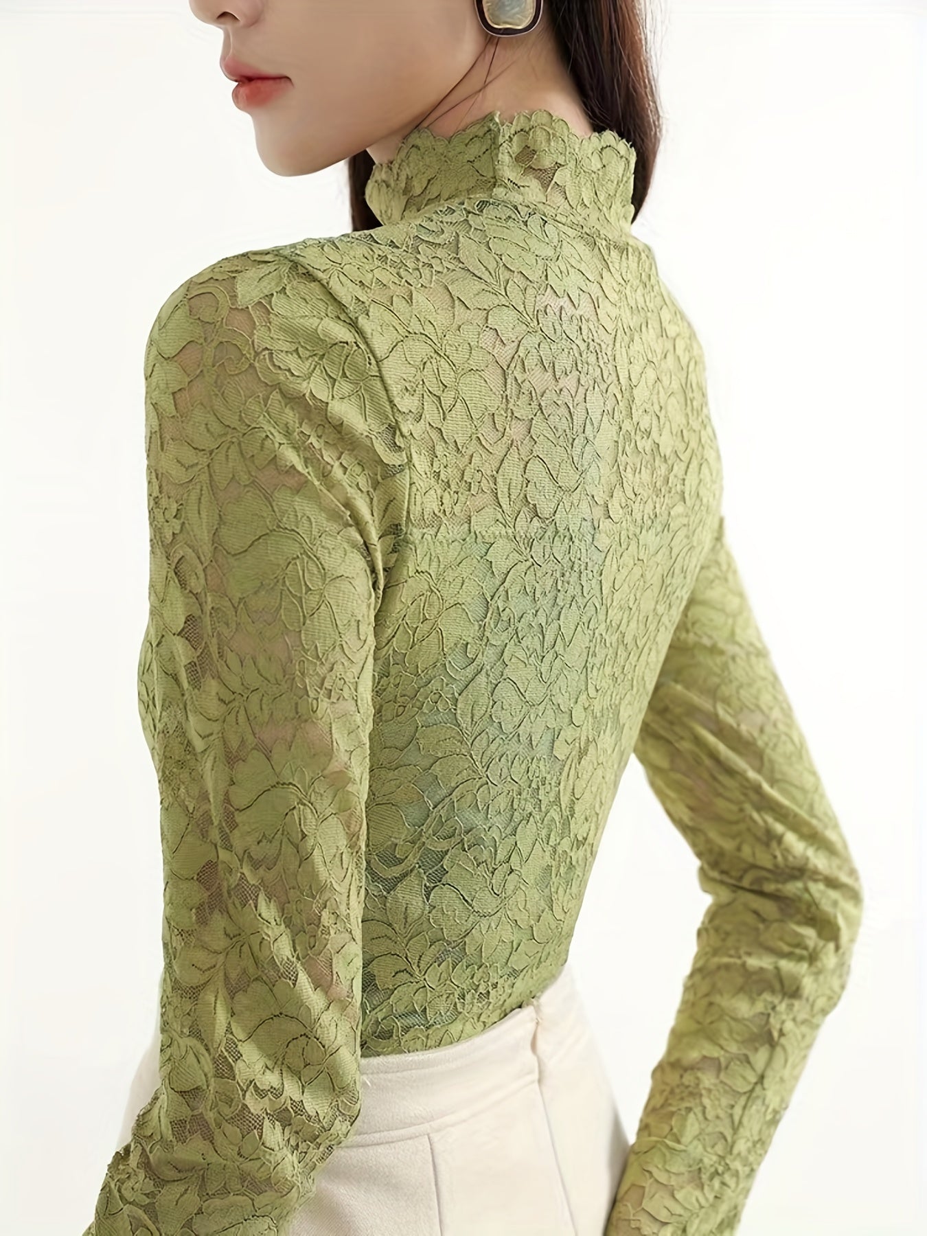 Lace Mock Neck Slim Top, Sexy Long Sleeve Top For Spring & Fall, Women's Clothing - The Savvy ShopperThe Savvy ShopperThe Savvy ShopperLace Mock Neck Slim Top, Sexy Long Sleeve Top For Spring & Fall, Women's Clothing