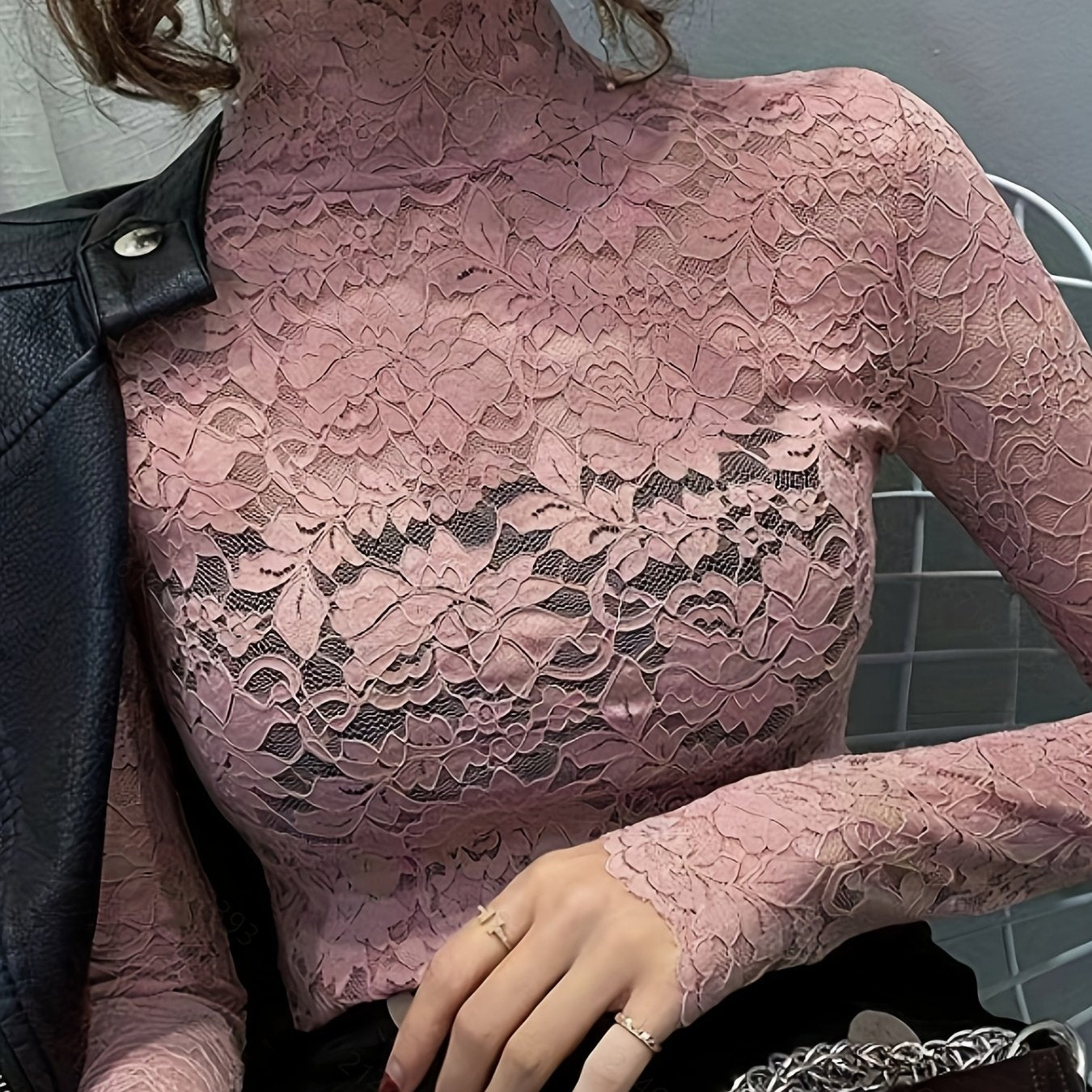 Lace Mock Neck Slim Top, Sexy Long Sleeve Top For Spring & Fall, Women's Clothing - The Savvy ShopperThe Savvy ShopperThe Savvy ShopperLace Mock Neck Slim Top, Sexy Long Sleeve Top For Spring & Fall, Women's Clothing