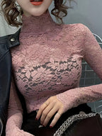 Lace Mock Neck Slim Top, Sexy Long Sleeve Top For Spring & Fall, Women's Clothing - The Savvy ShopperThe Savvy ShopperThe Savvy ShopperLace Mock Neck Slim Top, Sexy Long Sleeve Top For Spring & Fall, Women's Clothing