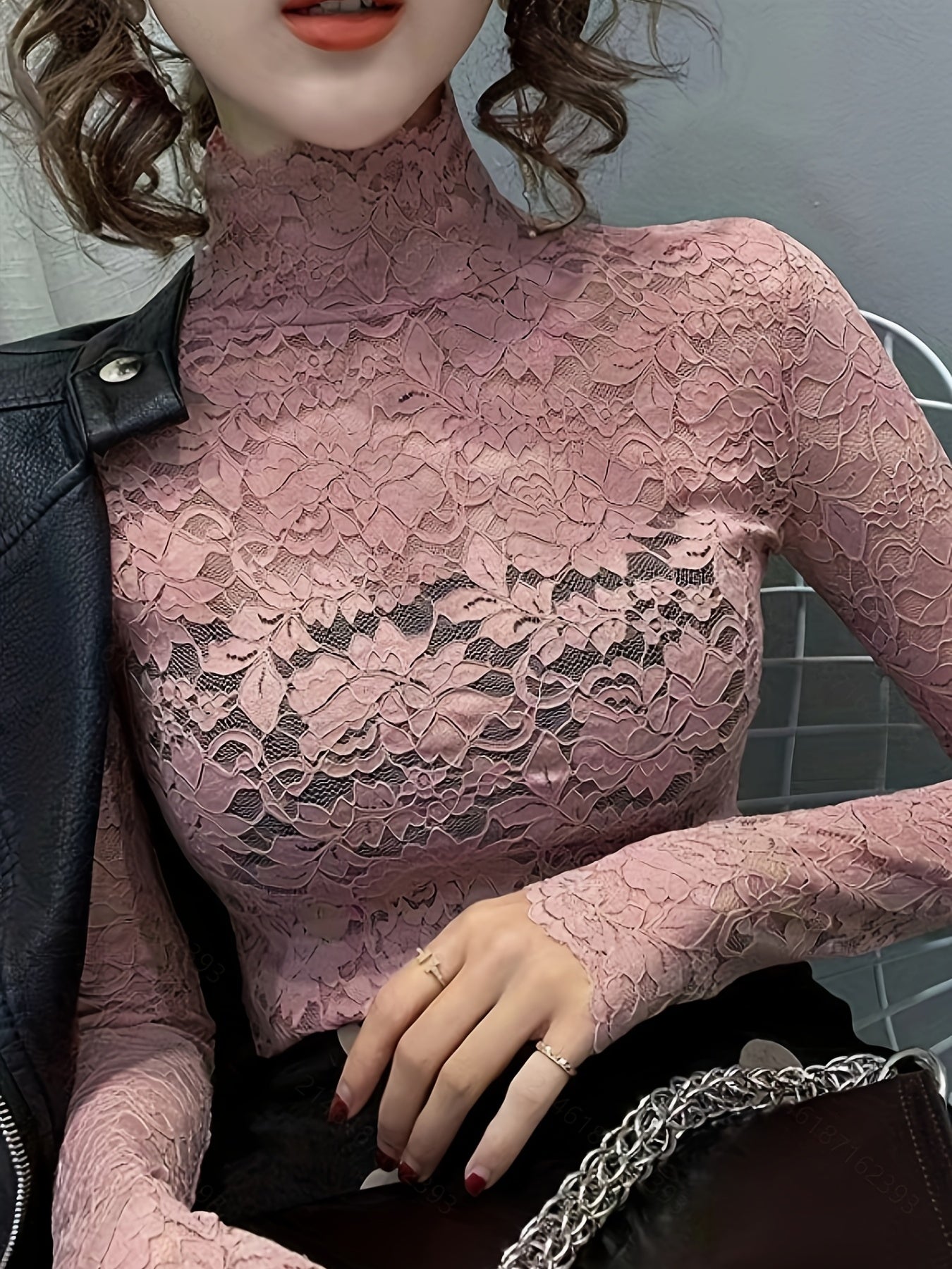 Lace Mock Neck Slim Top, Sexy Long Sleeve Top For Spring & Fall, Women's Clothing - The Savvy ShopperThe Savvy ShopperThe Savvy ShopperLace Mock Neck Slim Top, Sexy Long Sleeve Top For Spring & Fall, Women's Clothing