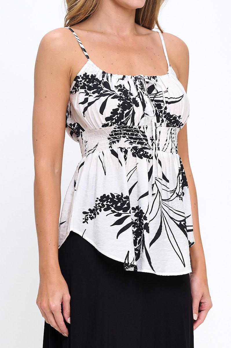 Leaf Print Spaghetti Strap Top with Smock Detail - The Savvy ShopperThe Savvy ShopperReneecollectionNew ArrivalLeaf Print Spaghetti Strap Top with Smock Detail