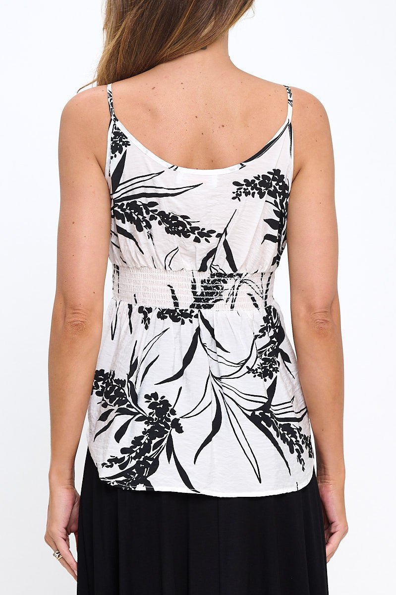 Leaf Print Spaghetti Strap Top with Smock Detail - The Savvy ShopperThe Savvy ShopperReneecollectionNew ArrivalLeaf Print Spaghetti Strap Top with Smock Detail