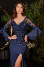 Long Bell Sleeve Lace & Satin Gown - The Savvy ShopperThe Savvy ShopperTux - USAMobLong Bell Sleeve Lace & Satin Gown